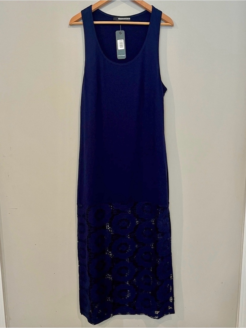 Anatomie Sleeveless Navy Maxi Dress with Modern Lace Embellished Hem NWT